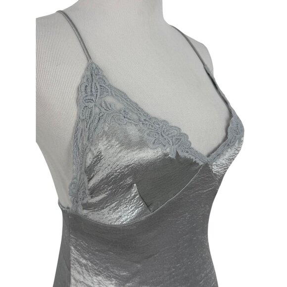 Urban Outfitters Silver Satin Crisscross Spaghetti Strap Lace Trim Slip Dress - Picture 8 of 16